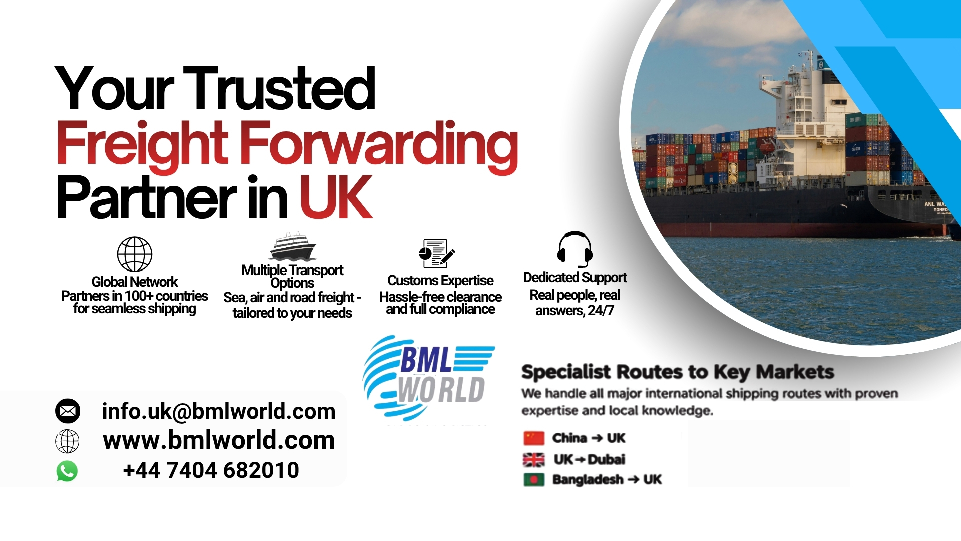 BML World Cargo & Logistics provides professional international shipping solutions between the United Kingdom,European countries and Bangladesh. The service includes air & sea sea freight, door to door delivery, customs documentation assistance, commercial cargo, personal parcels, ecommerce shipment and electronics transport such as mobile phones and laptops. BML World ensures safe handling, proper packaging guidance and delivery coordination for individuals, families and businesses.#bmlworldltd